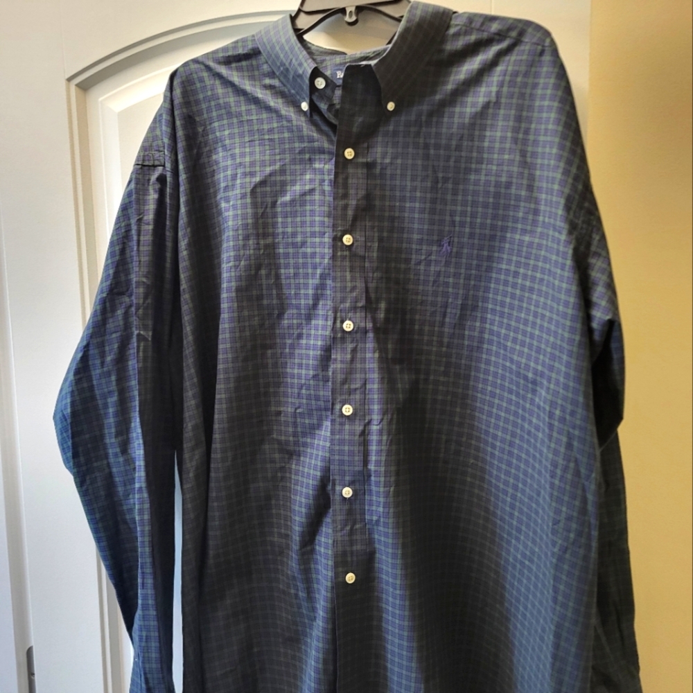 Ralph Lauren Blaire 100% Cotton XXL Long Sleeve Men's Shirt Checkered Blue Green